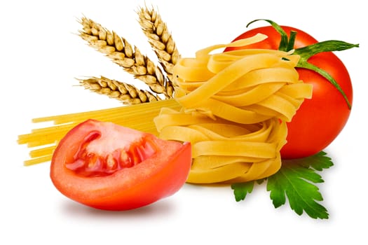 egg noodles, pasta, tomato, slice tomatoes, ears of wheat, and fresh parsley leaf on a white background