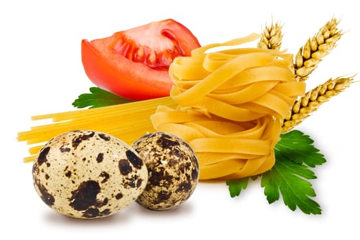 egg noodles, pasta, tomato, slice tomatoes, ears of wheat, fresh parsley leaf and quail egg on a white background