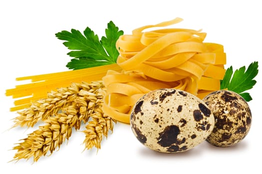 egg noodles, pasta, ears of wheat, fresh parsley leaf and quail egg on a white background