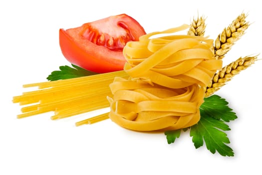 egg noodles, pasta, tomato, slice tomatoes, ears of wheat, and fresh parsley leaf on a white background