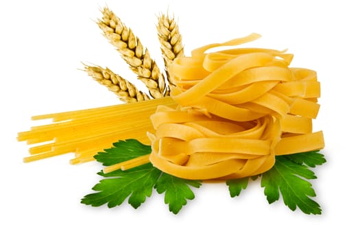 egg noodles, pasta, ears of wheat and fresh parsley leaf on a white background