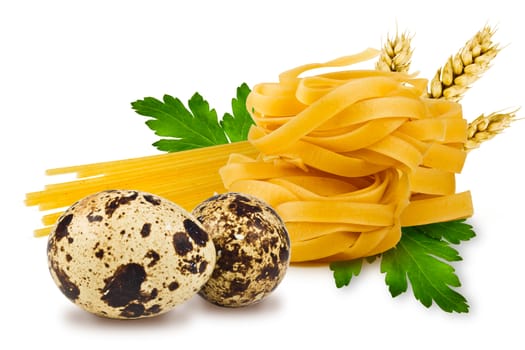 egg noodles, pasta, ears of wheat, fresh parsley leaf and quail egg on a white background