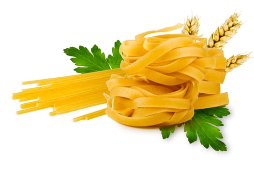 egg noodles, pasta, ears of wheat and fresh parsley leaf on a white background