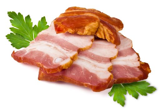 Smoked pork brisket and green leaves of parsley on a white background