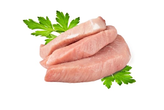 three pieces of fresh meat and parsley leaves on white background