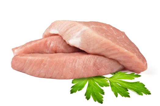 three pieces of fresh meat and parsley leaves on white background