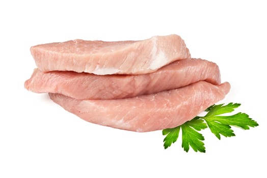 three pieces of fresh meat and parsley leaves on white background