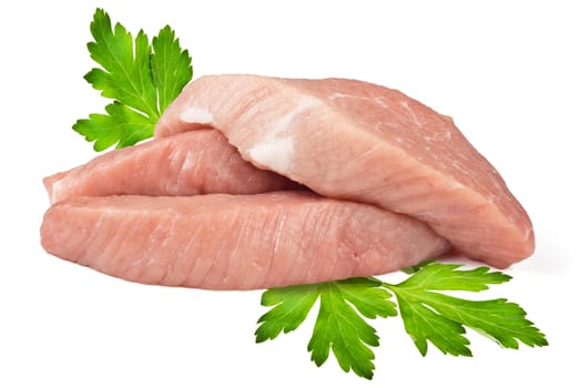 three pieces of fresh meat and parsley leaves on white background