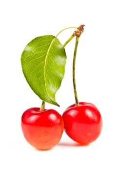 Two ripe, juicy, delicious sweet cherry and green leaves isolated on white background