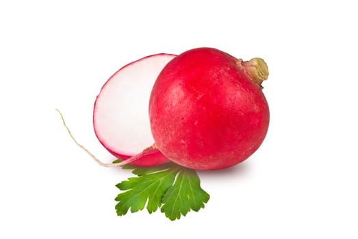 whole radish, parsley leaf and half on white background