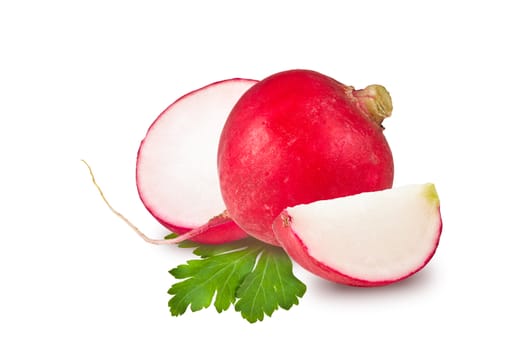 radishes whole, half, slice and parsley leaf on white background