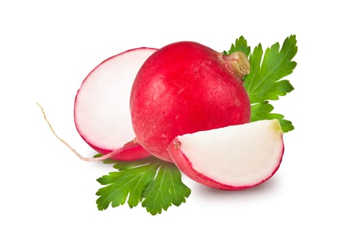 radishes whole, half, slice and parsley leaf on white background