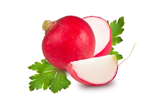 radishes whole, half, slice and parsley leaf on white background