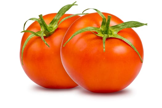 two fresh, ripe tomato on white background