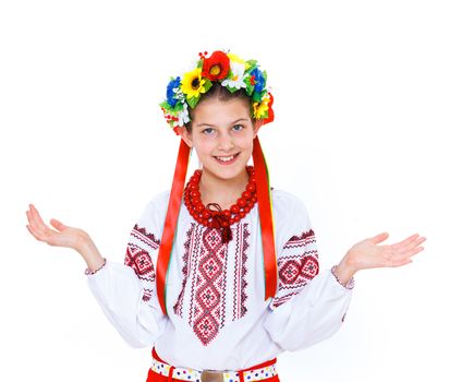 Portrait of happy cute girl in the Ukrainian national costume. Isolated white background