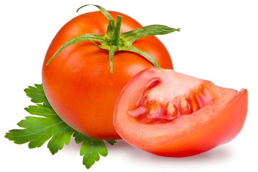 tomato and parsley leaf on white background