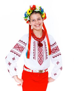 Happy cute girl in the Ukrainian national costume. Isolated white background