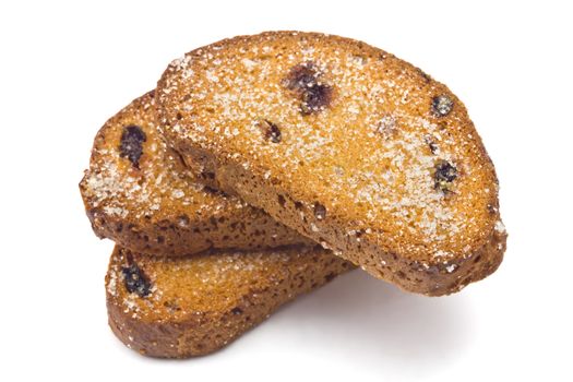 sweet rusks with raisins sprinkled with sugar on a white background