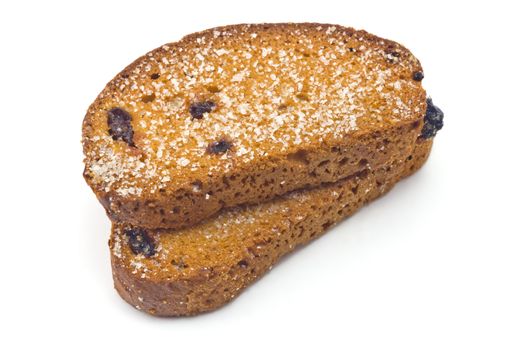 sweet rusks with raisins sprinkled with sugar on a white background