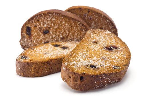 sweet rusks with raisins sprinkled with sugar on a white background