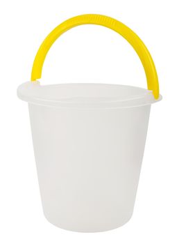 Empty plastic bucket with yellow handle isolated on white background