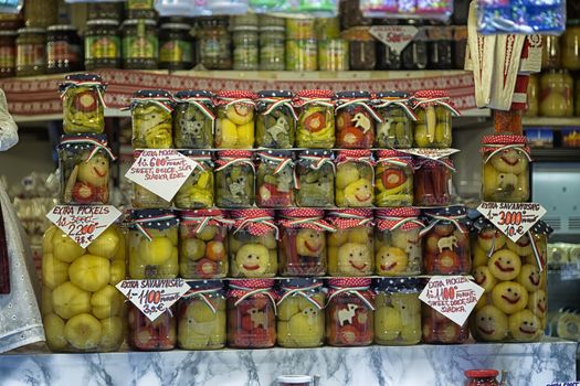 Smiling pickles in the main market in Budapest (Hungary)