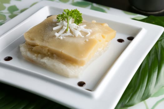 Thai custard with sticky rice garnished on a plate with shredded coconut.