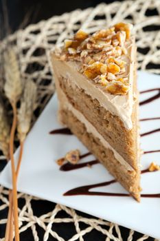 Slice of almond toffee cake with coffee flavored icing. Shallow depth of field.