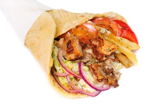 greek gyros stuffed with meat, salad, onion, tomato and potato