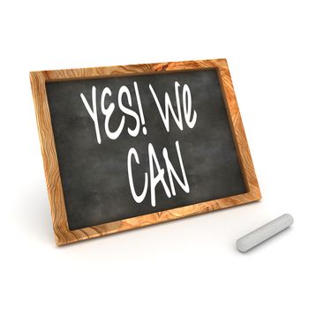 A Colourful 3d Rendered Concept Illustration showing "Yes We Can" Written on a Blackboard with Chalk