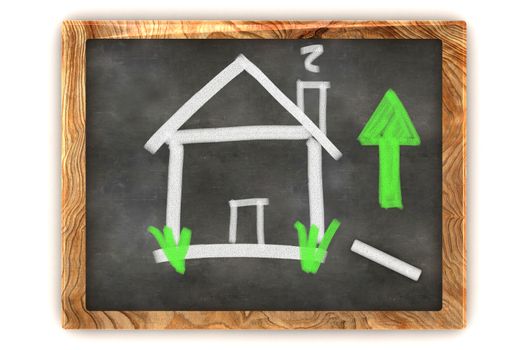 A Colourful 3d Rendered Concept Illustration showing the housing market Rise on a Blackboard