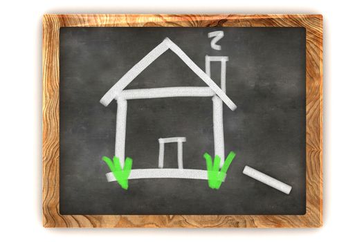 A Colourful 3d Rendered Concept Illustration showing a housing on a Blackboard