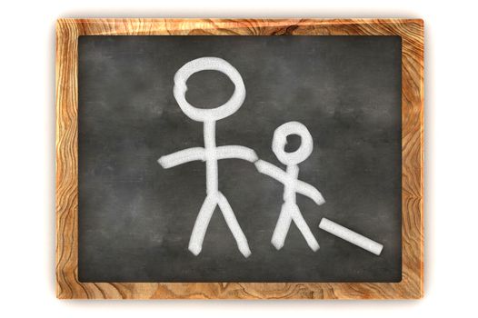 A Colourful 3d Rendered Concept Illustration showing a Man and his Child on a Blackboard