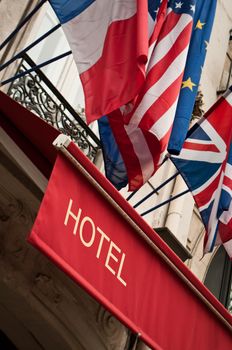 palace Hotel facade with flags