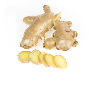 Fresh Ginger root root and slice on white background