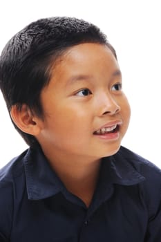 Happy asian boy looking sideways with blue shirt