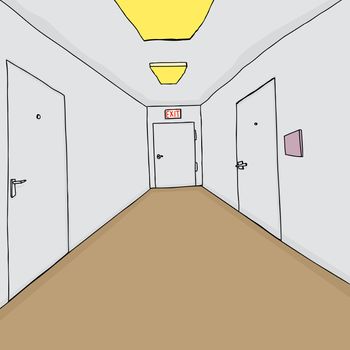 Hand drawn cartoon hallway with closed doors