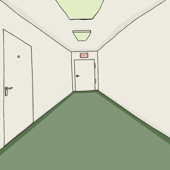 Hand drawn cartoon corridor background with green carpeting