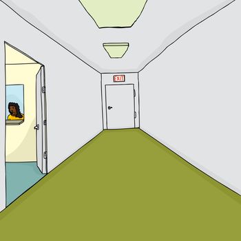 Background of hallway with receptionist window in doorway
