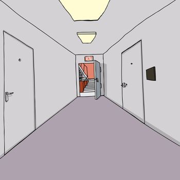 Exit door open to stairwell in office hallway