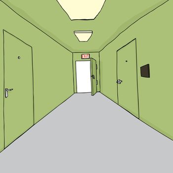 Cartoon of bright exit doorway in hallway