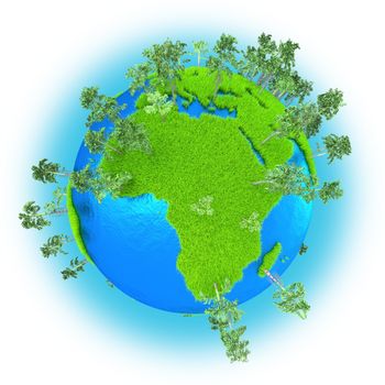 Africa and Western Asia on grassy planet Earth with trees isolated on white background