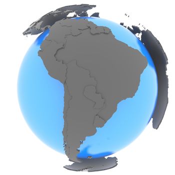 South America standing out of blue Earth in grey, isolated on white background