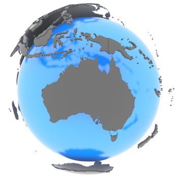 Australia standing out of blue planet in grey, isolated on white background