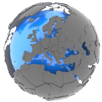 European continent standing out of blue Earth in grey, isolated on white background