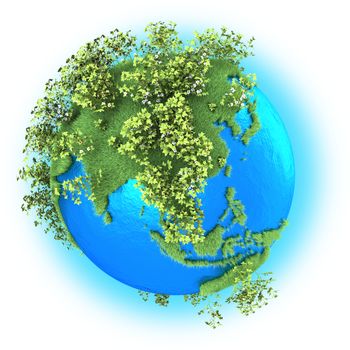 Southeast Asia on grassy planet Earth with cotton isolated on white background