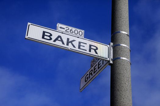 Roadsign Green Street and Baker Street in San Francisco, California.