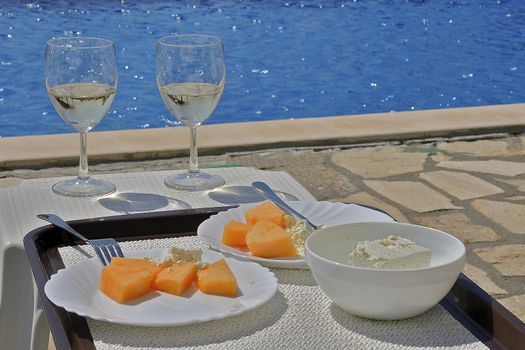 Honey Melon and feta cheese on the pool deck on the Black Sea. That is relaxation. 