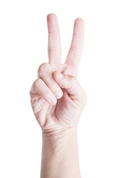 Human hand gesturing for peace/victory symbol, white background.