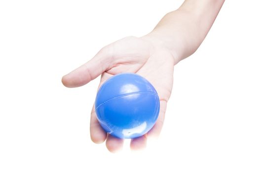 Human hand holding a blue ball, white background.